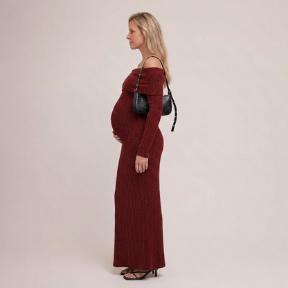 Dames Maxi Jurk Zwangerschap Bordeaux met Blote Schouders en Lange Mouwen
