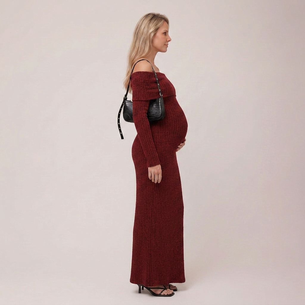 Dames Maxi Jurk Zwangerschap Bordeaux met Blote Schouders en Lange Mouwen