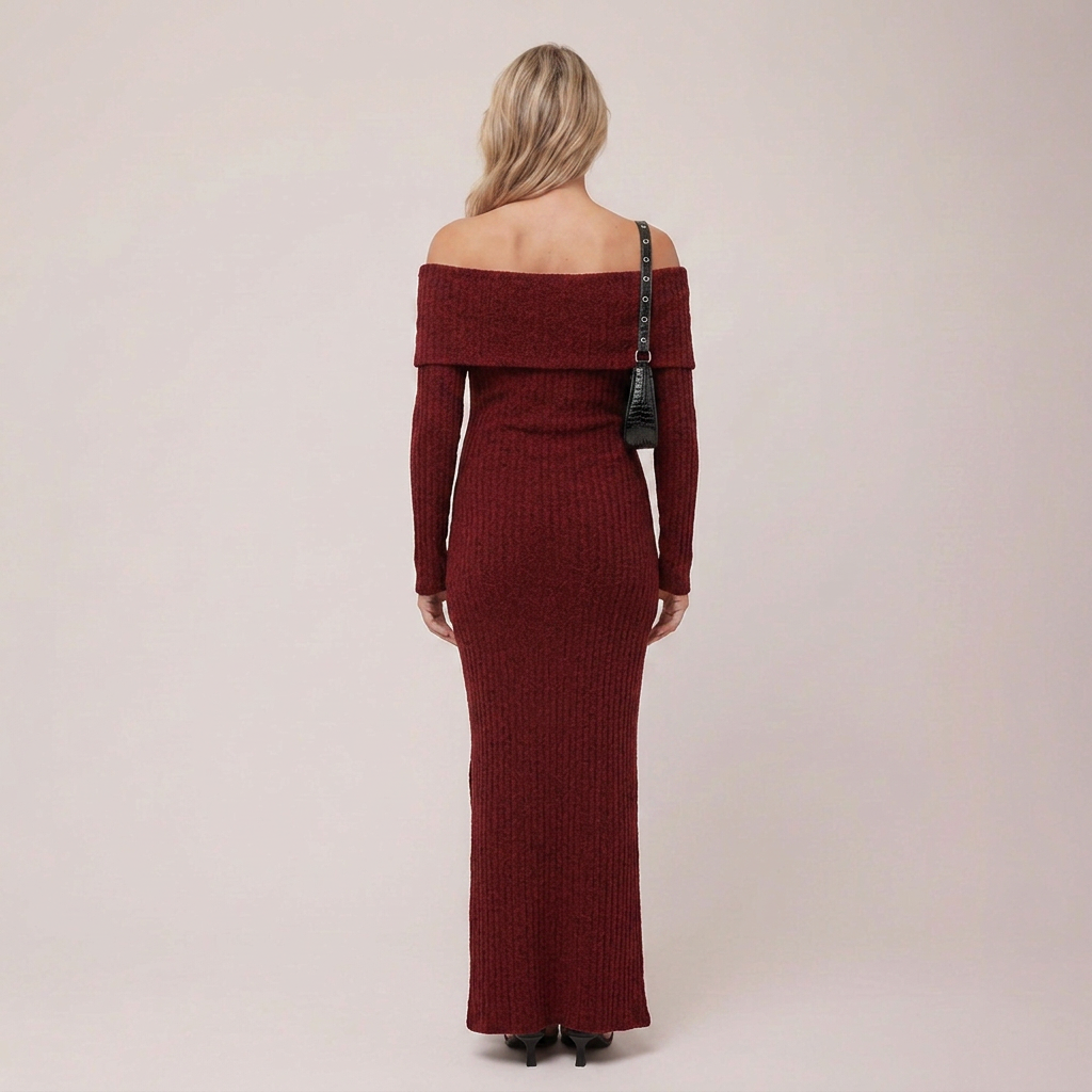 Dames Maxi Jurk Zwangerschap Bordeaux met Blote Schouders en Lange Mouwen