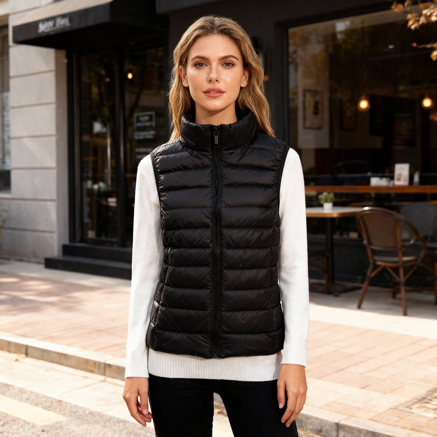 Dames lichtgewicht gewatteerde bodywarmer met hoge kraag