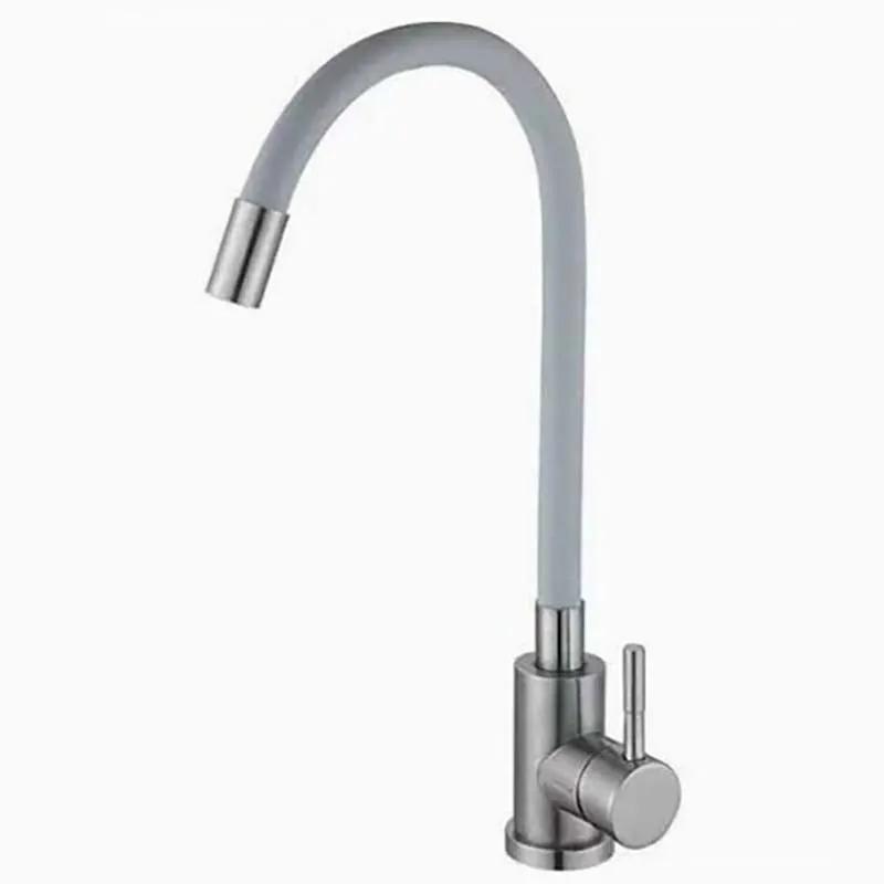 Flexible Kitchen Tap with bendable grey hose and silver base, mounted for a kitchen sink.