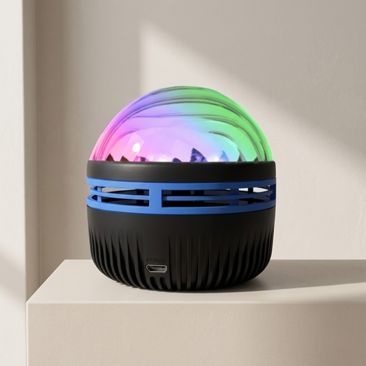 Colorful spherical light on a white surface with a neutral background
