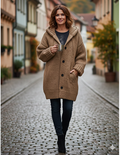 Dames Oversized Lange Gebreide Vest met Capuchon – Zwart, Warm Gebreid voor Casual en Herfstgebruik