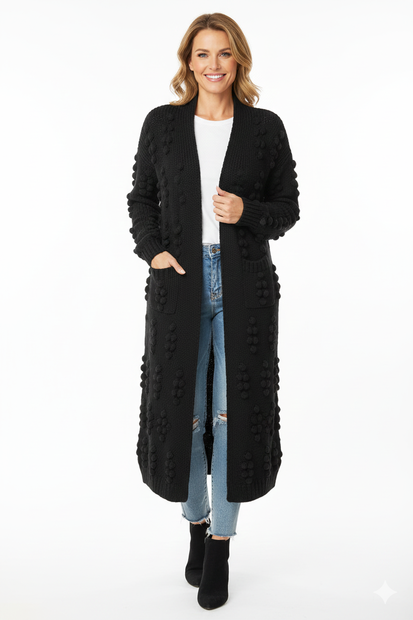 Dames Lange Gebreide Cardigan – Effen, Comfortabel voor Winter, Met Pompons