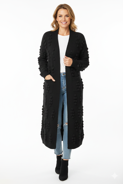 Dames Lange Gebreide Cardigan – Effen, Comfortabel voor Winter, Met Pompons