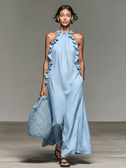 Dames Lange Zomerjurk Mouwloos met Volant Detail