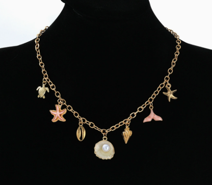Dames Ketting Verguld met Parelhanger en Zeedieren Bedels