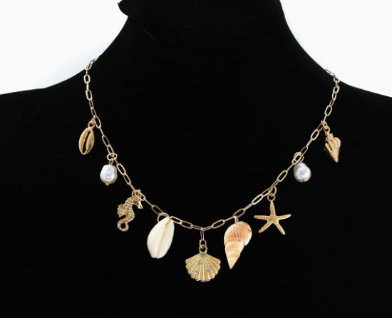 Dames Ketting Verguld met Parelhanger en Zeedieren Bedels