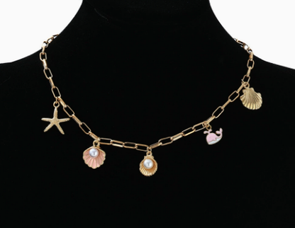 Dames Ketting Verguld met Parelhanger en Zeedieren Bedels