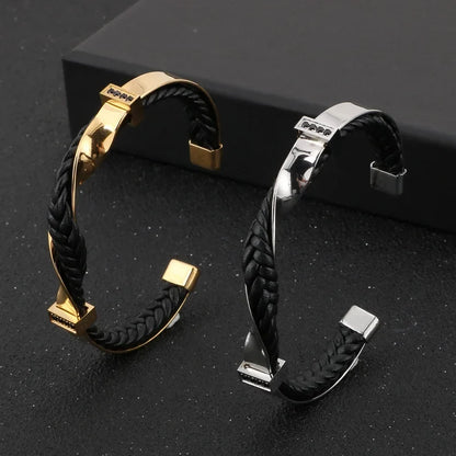 Heren Armband Gevlochten Leer en Staal