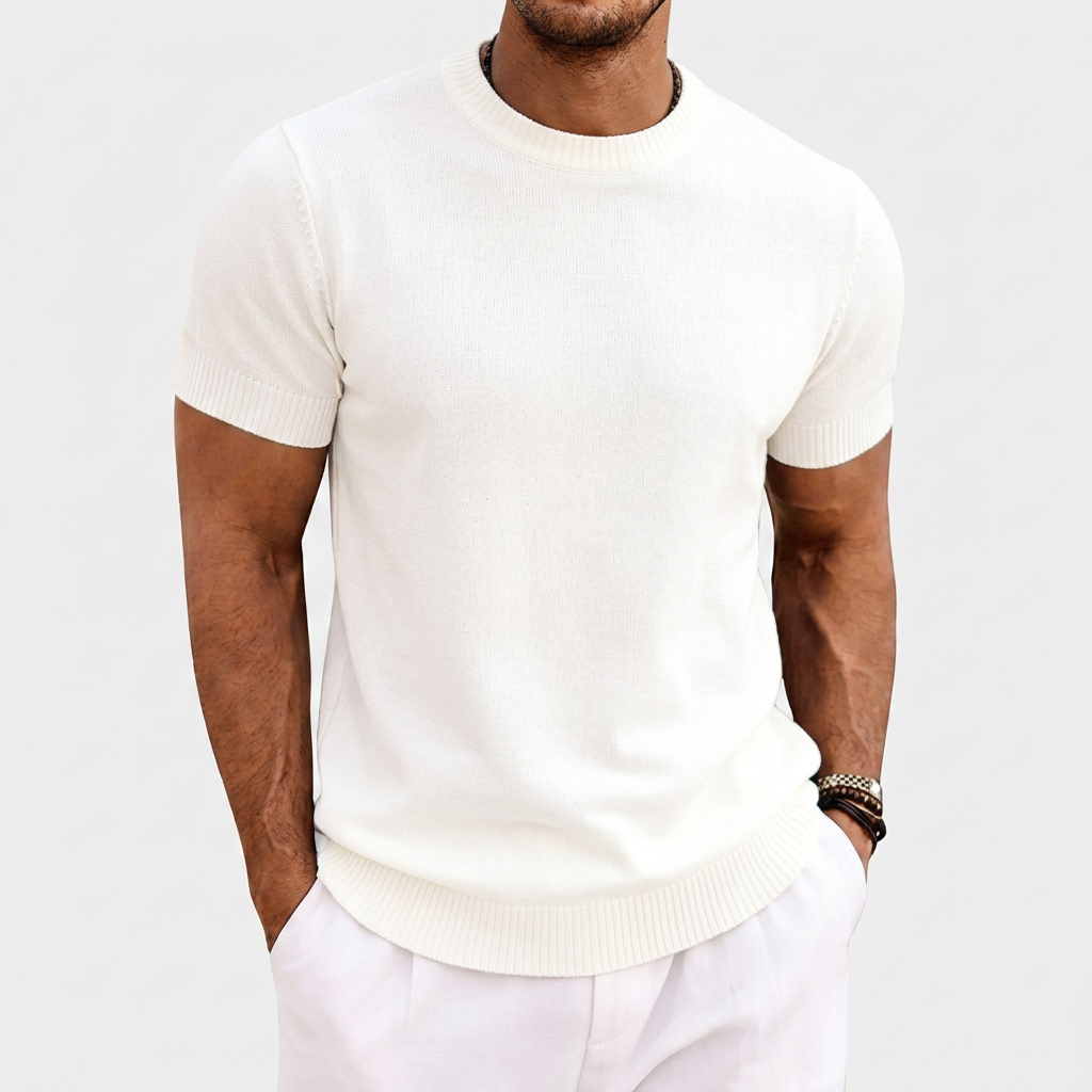 Heren Gebreid T-shirt met Ronde Hals en Korte Mouwen