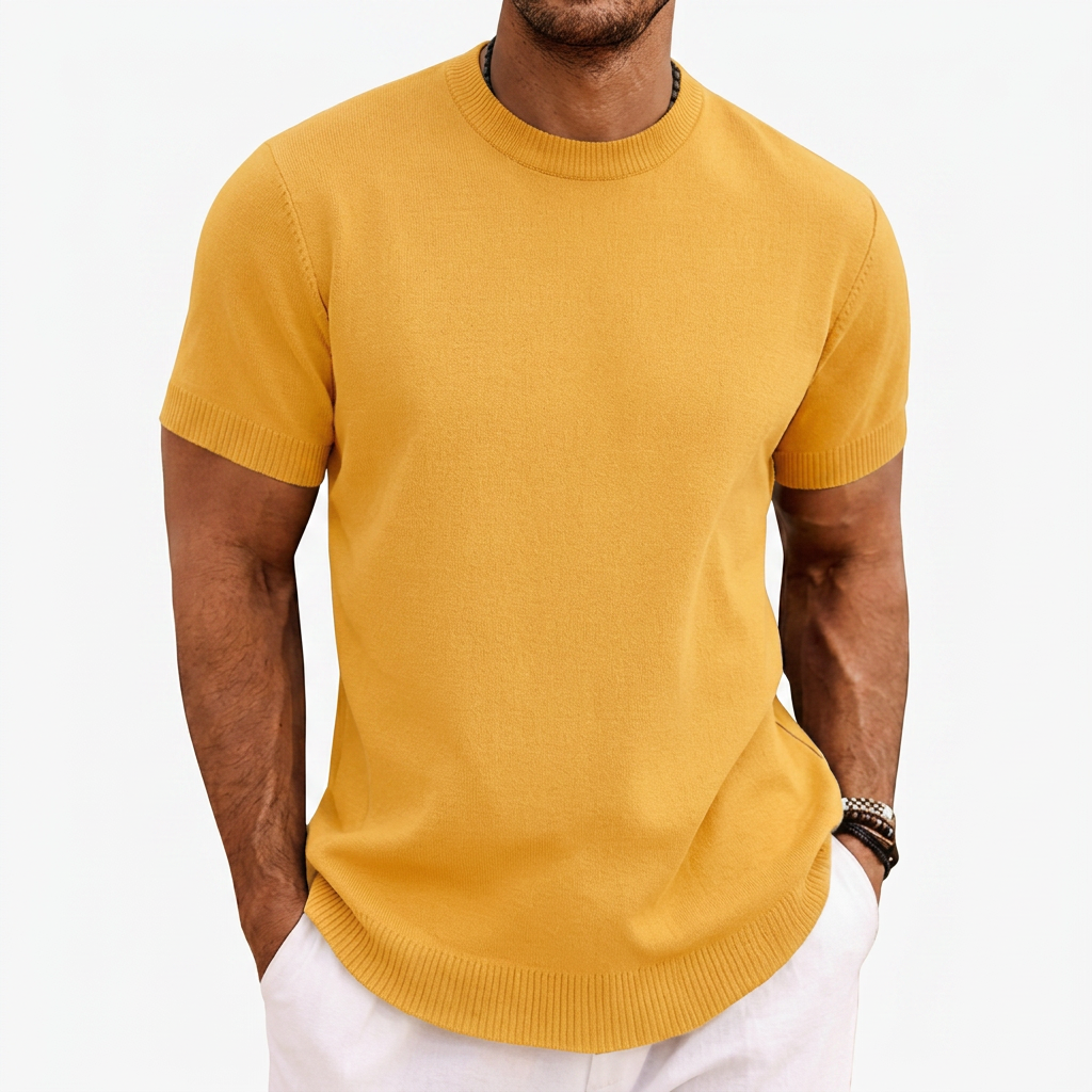 Heren Gebreid T-shirt met Ronde Hals en Korte Mouwen