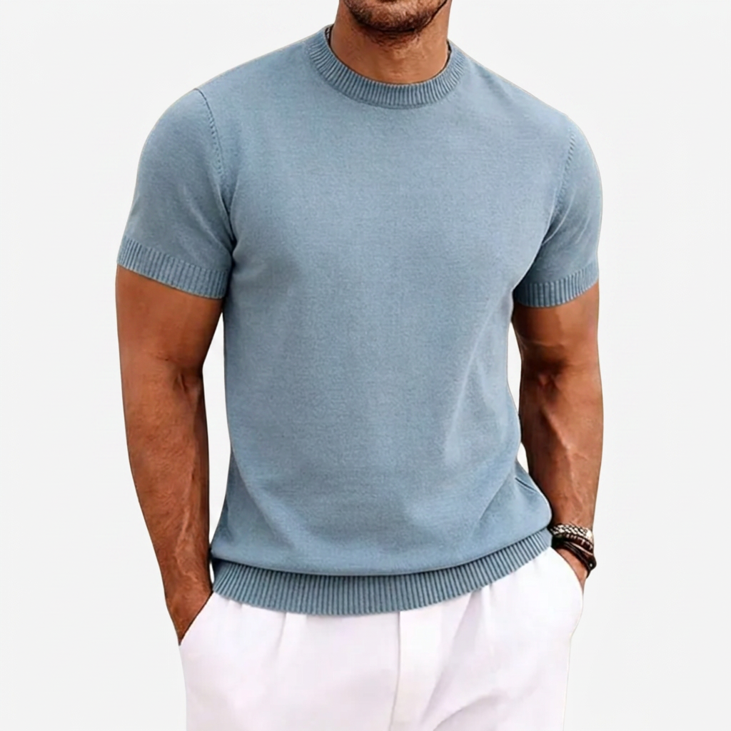Heren Gebreid T-shirt met Ronde Hals en Korte Mouwen