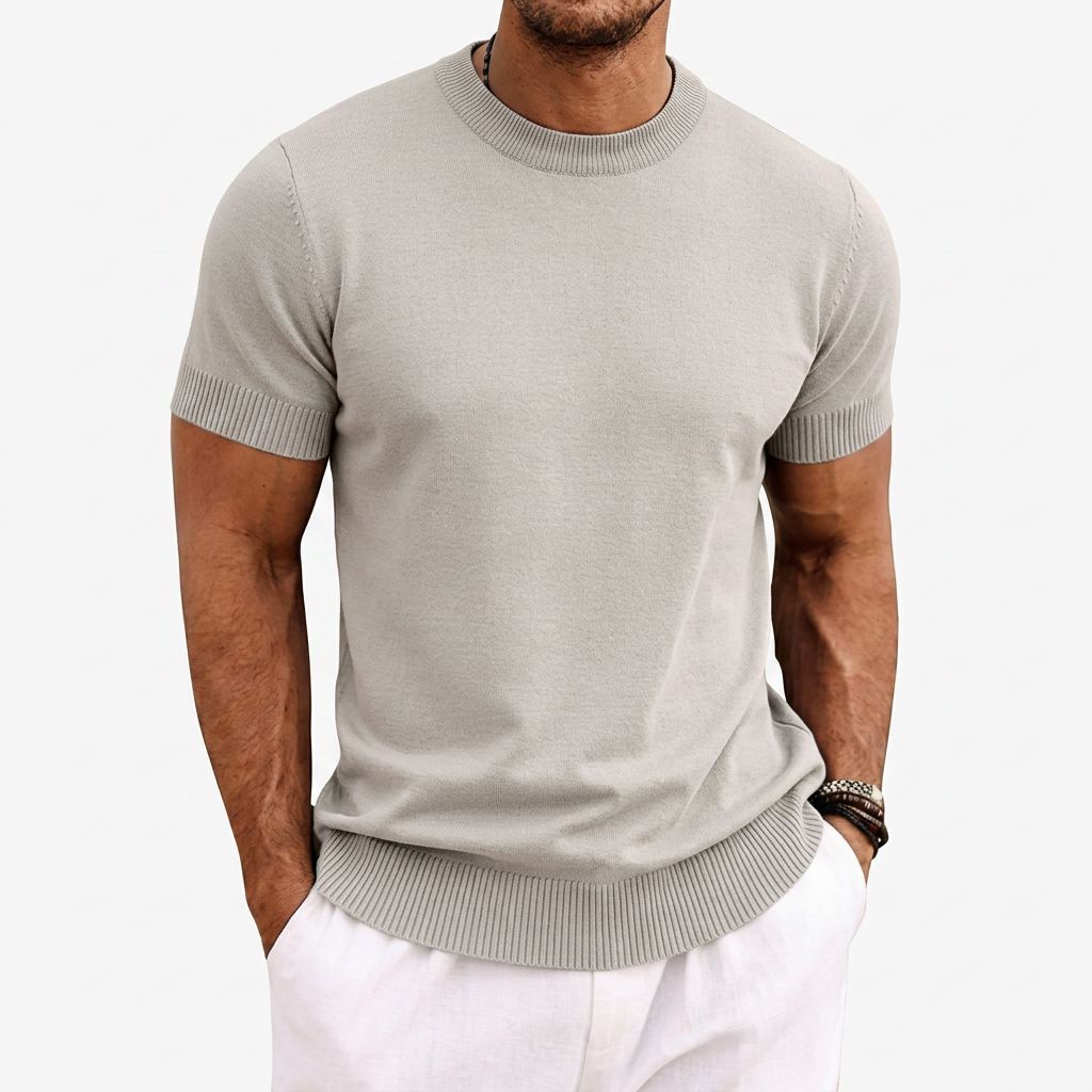 Heren Gebreid T-shirt met Ronde Hals en Korte Mouwen