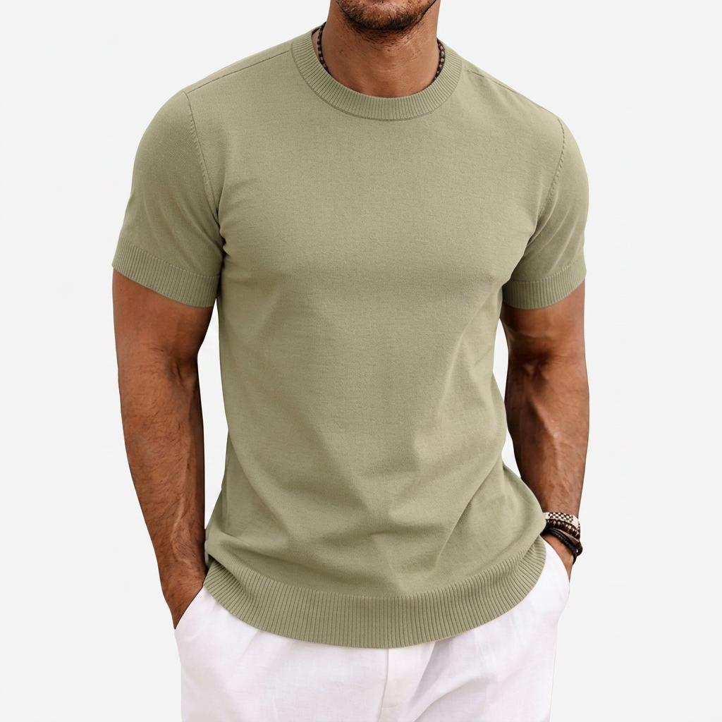 Heren Gebreid T-shirt met Ronde Hals en Korte Mouwen