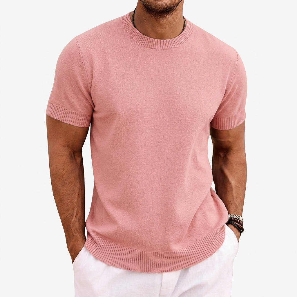 Heren Gebreid T-shirt met Ronde Hals en Korte Mouwen
