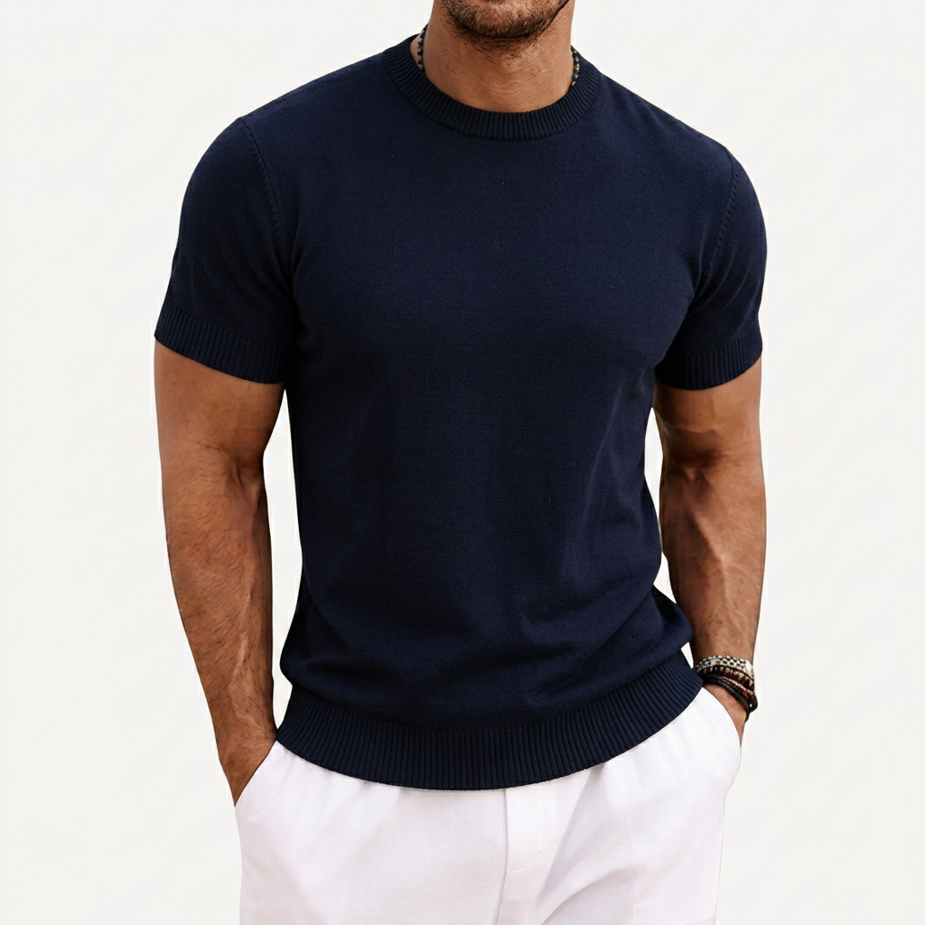 Heren Gebreid T-shirt met Ronde Hals en Korte Mouwen