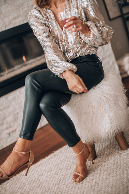 Elegante dames feest blouse met glitter pailletten & lange mouwen