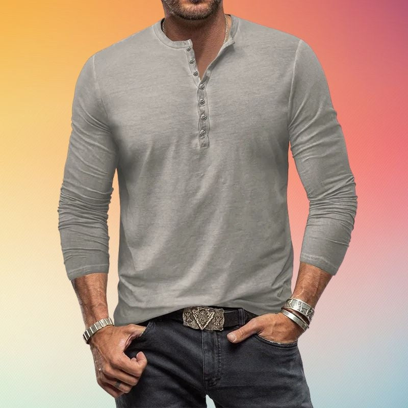 Heren Henley Shirt met Knopenlijst - Slim Fit Lange Mouw
