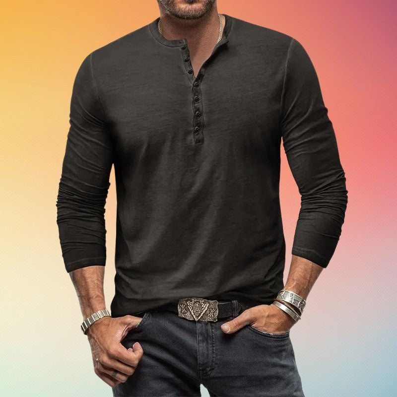 Heren Henley Shirt met Knopenlijst - Slim Fit Lange Mouw