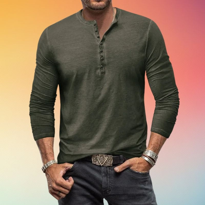 Heren Henley Shirt met Knopenlijst - Slim Fit Lange Mouw