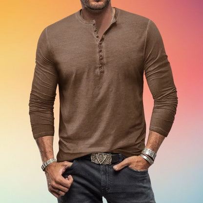Heren Henley Shirt met Knopenlijst - Slim Fit Lange Mouw