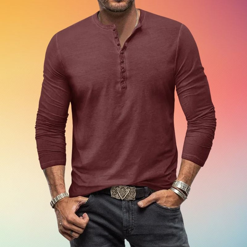 Heren Henley Shirt met Knopenlijst - Slim Fit Lange Mouw