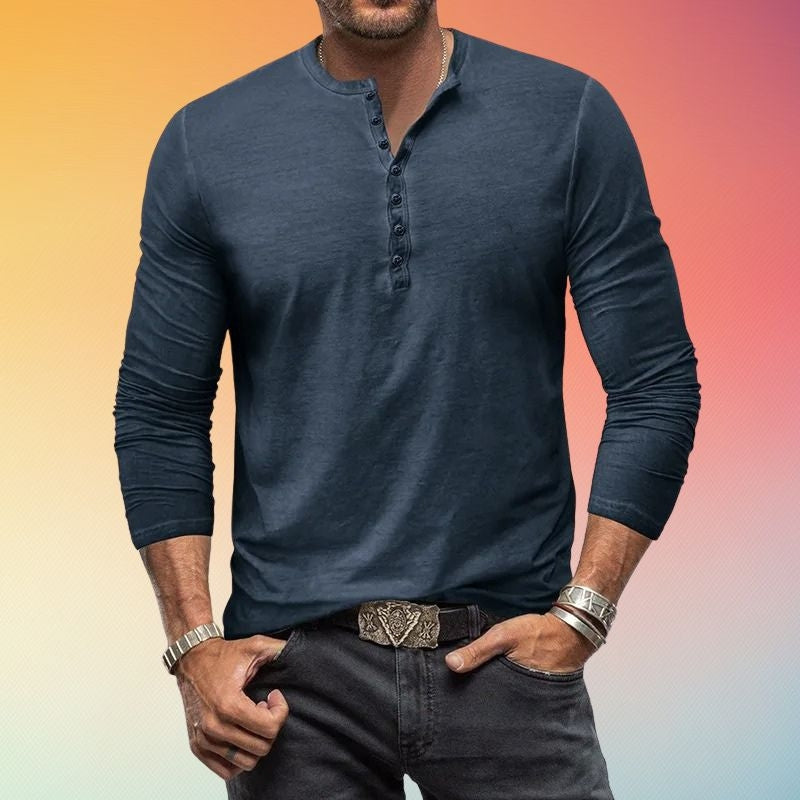 Heren Henley Shirt met Knopenlijst - Slim Fit Lange Mouw