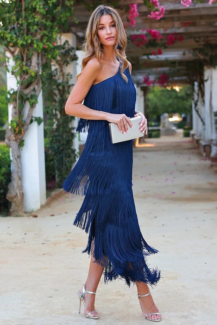 Nina - Trendy Halve Mouw Jurk met Franjes