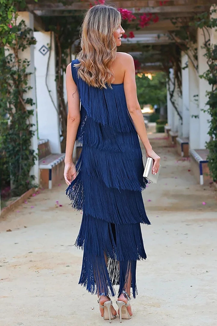 Nina - Trendy Halve Mouw Jurk met Franjes