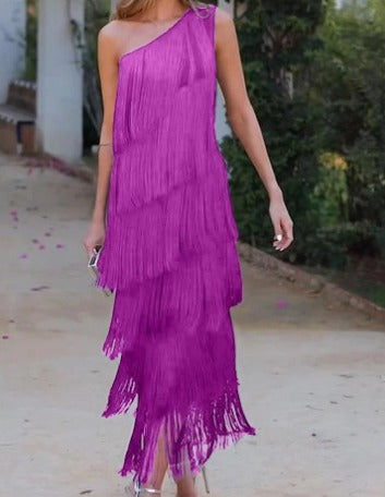 Nina - Trendy Halve Mouw Jurk met Franjes