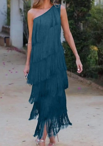 Nina - Trendy Halve Mouw Jurk met Franjes