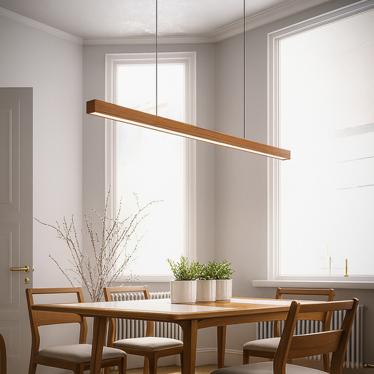 Houten LED Hanglamp met Slanke Balk - Lineair Design