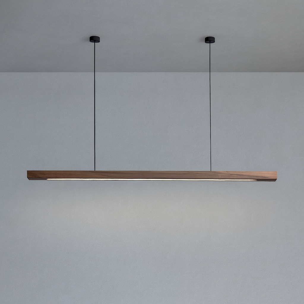Houten LED Hanglamp met Slanke Balk - Lineair Design