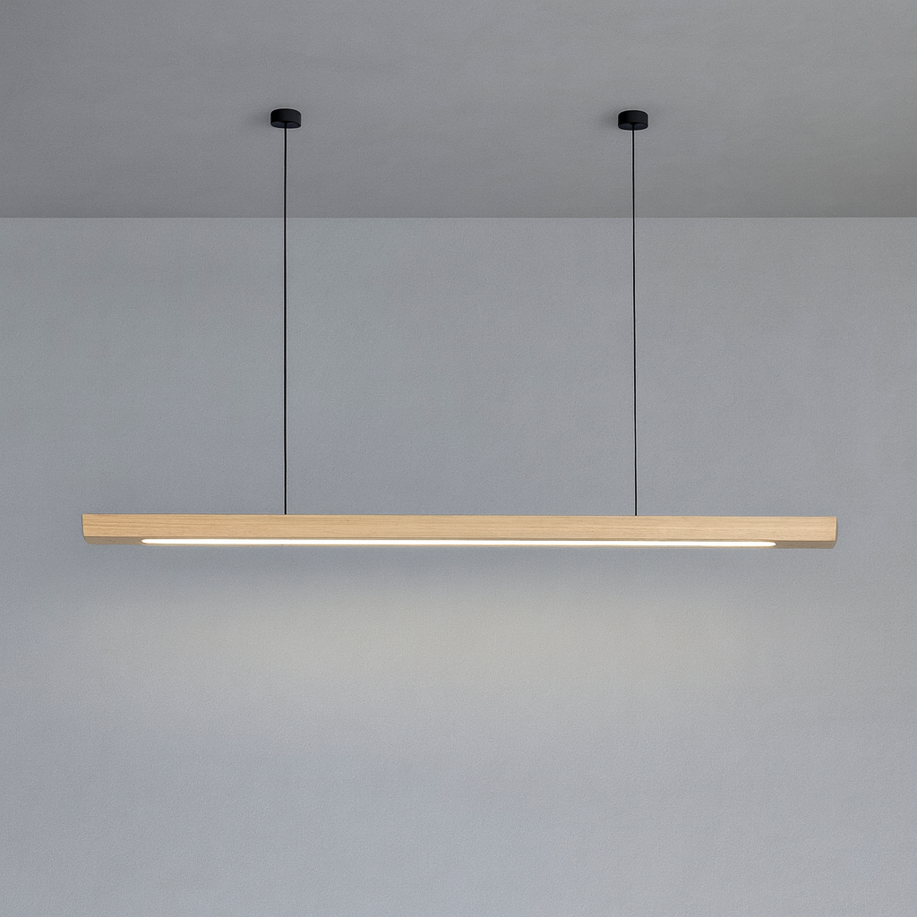 Houten LED Hanglamp met Slanke Balk - Lineair Design