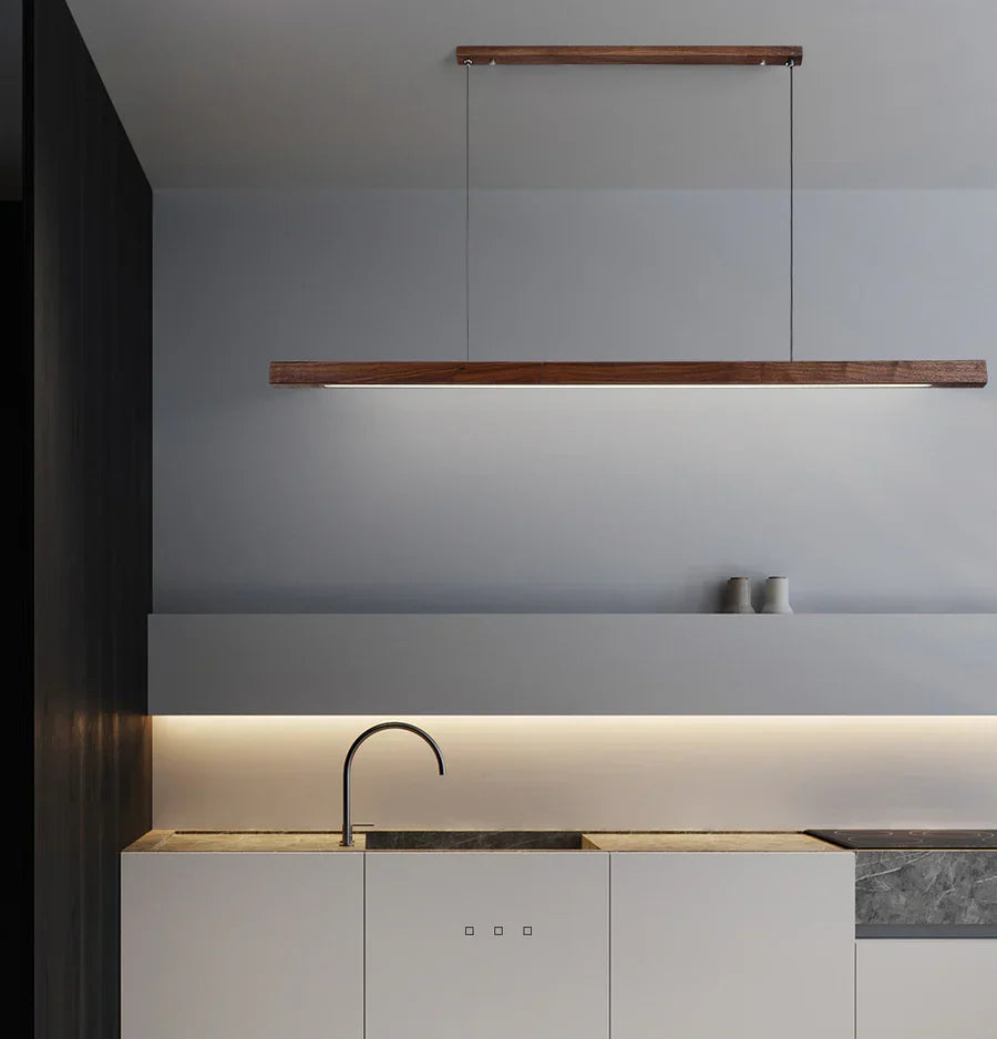 Houten LED Hanglamp met Slanke Balk - Lineair Design