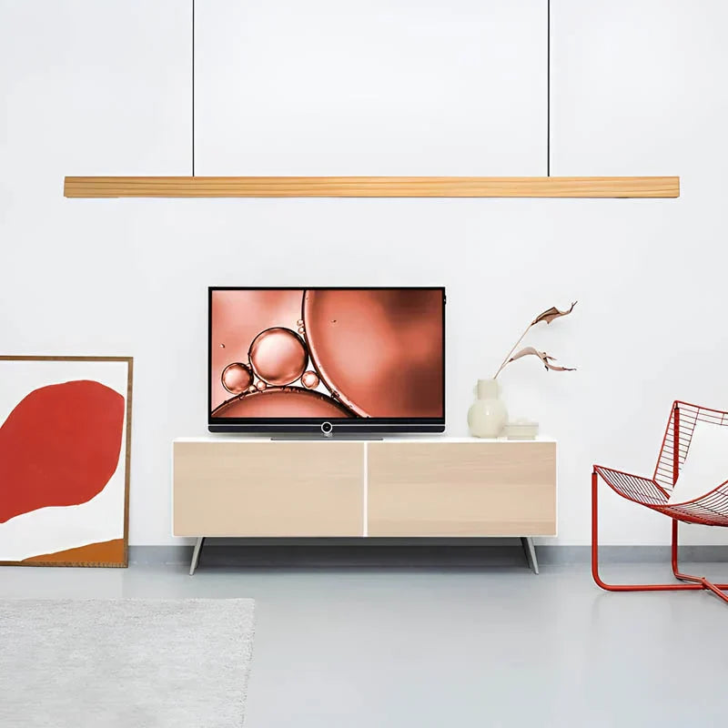 Houten LED Hanglamp met Slanke Balk - Lineair Design