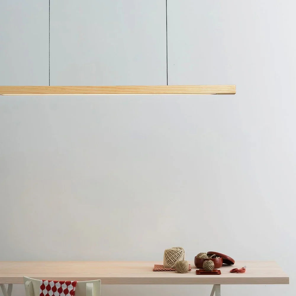Houten LED Hanglamp met Slanke Balk - Lineair Design
