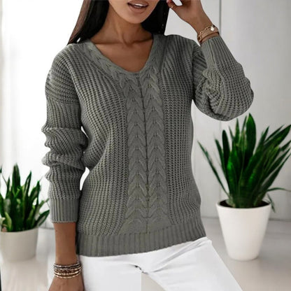 Dames Trui V-Hals met Kabelpatroon en Geribde Boord