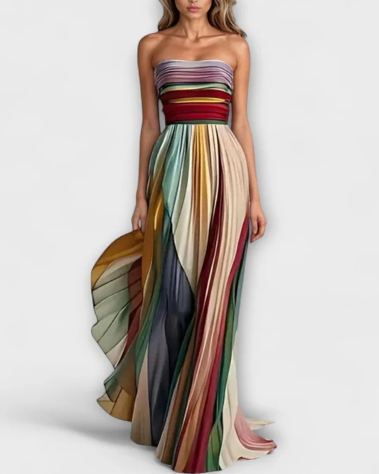 Dames Maxi Jurk Strapless Plissé Meerkleurig Avondjurk