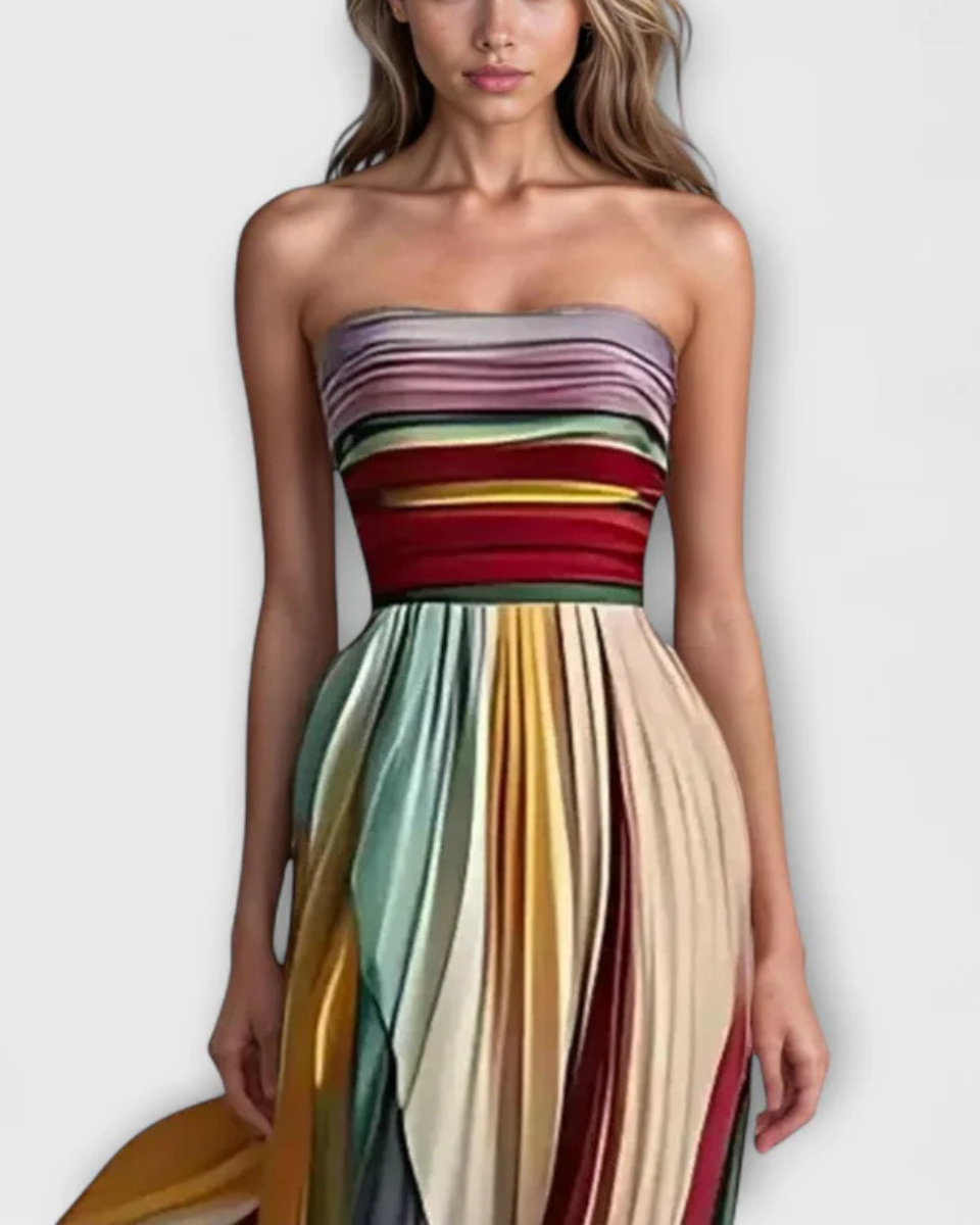 Dames Maxi Jurk Strapless Plissé Meerkleurig Avondjurk