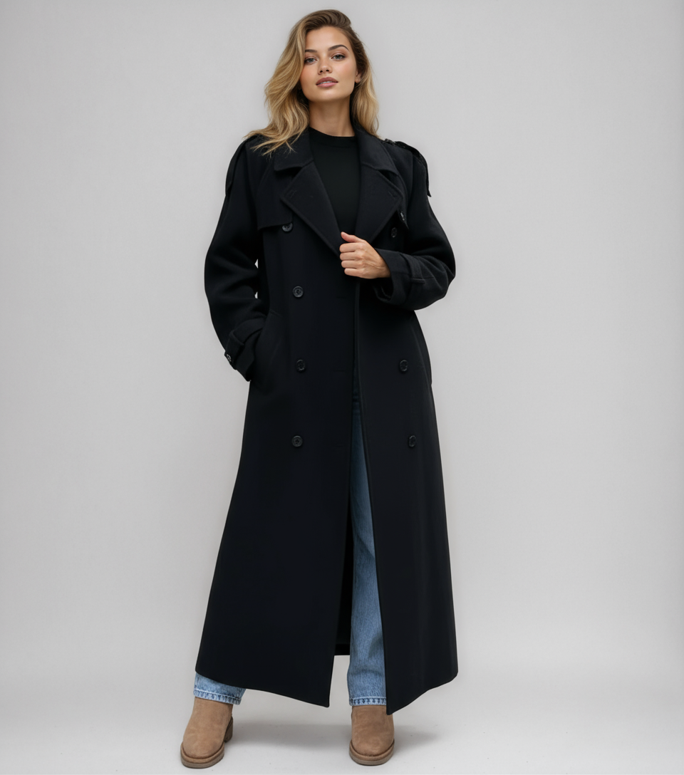 Dames Lange Double Breasted Winterjas – Zwart Wolmix, Warm en Stijlvol voor Koude Dagen