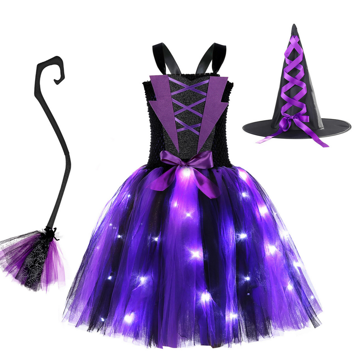Déguisement sorcière LED fille avec robe tutu violette et noire, chapeau pointu et balai miniature