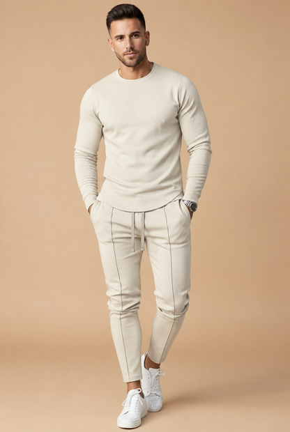 Conjunto de corte entallado para hombre - Top de manga larga y pantalón de pierna entallada con cierre de cordón para uso informal