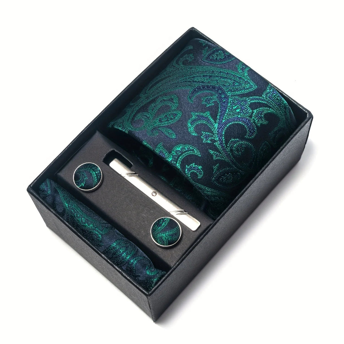 Men's Tie Set with Paisley Pattern – Matching Pocket Square Clip and Cufflinks 6