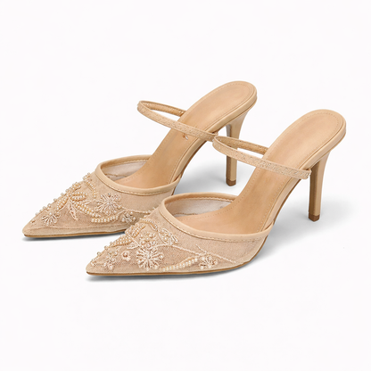 Dames Mule Hakken met Mesh en Bloemenborduursel – Puntneus