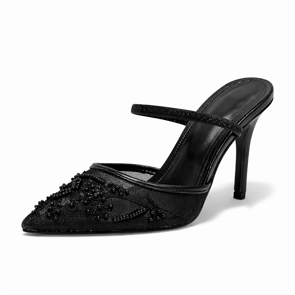 Dames Mule Hakken met Mesh en Bloemenborduursel – Puntneus