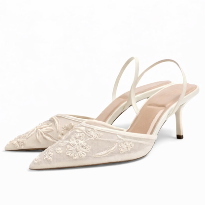Dames Mule Hakken met Mesh en Bloemenborduursel – Puntneus