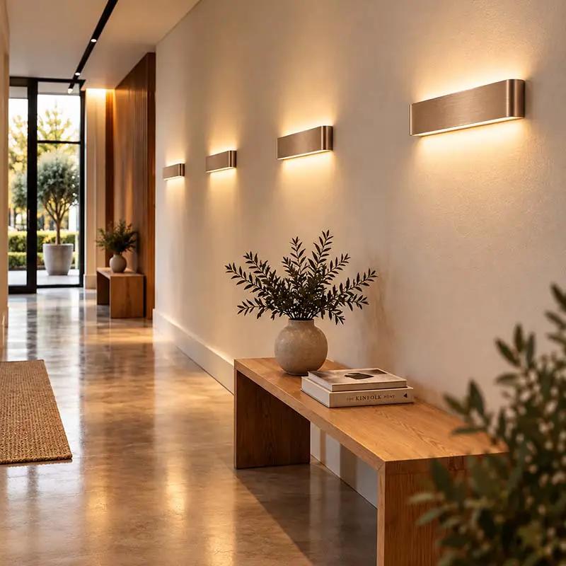 A modern hallway interior with three rectangular wall sconces mounted on a beige wall, casting warm light. A wooden bench with a vase of greenery and stacked books sits below the lights.