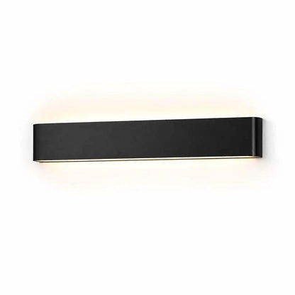 Minimalist LED Wall Light mounted on a white wall; black wall lamp emitting upward and downward light.